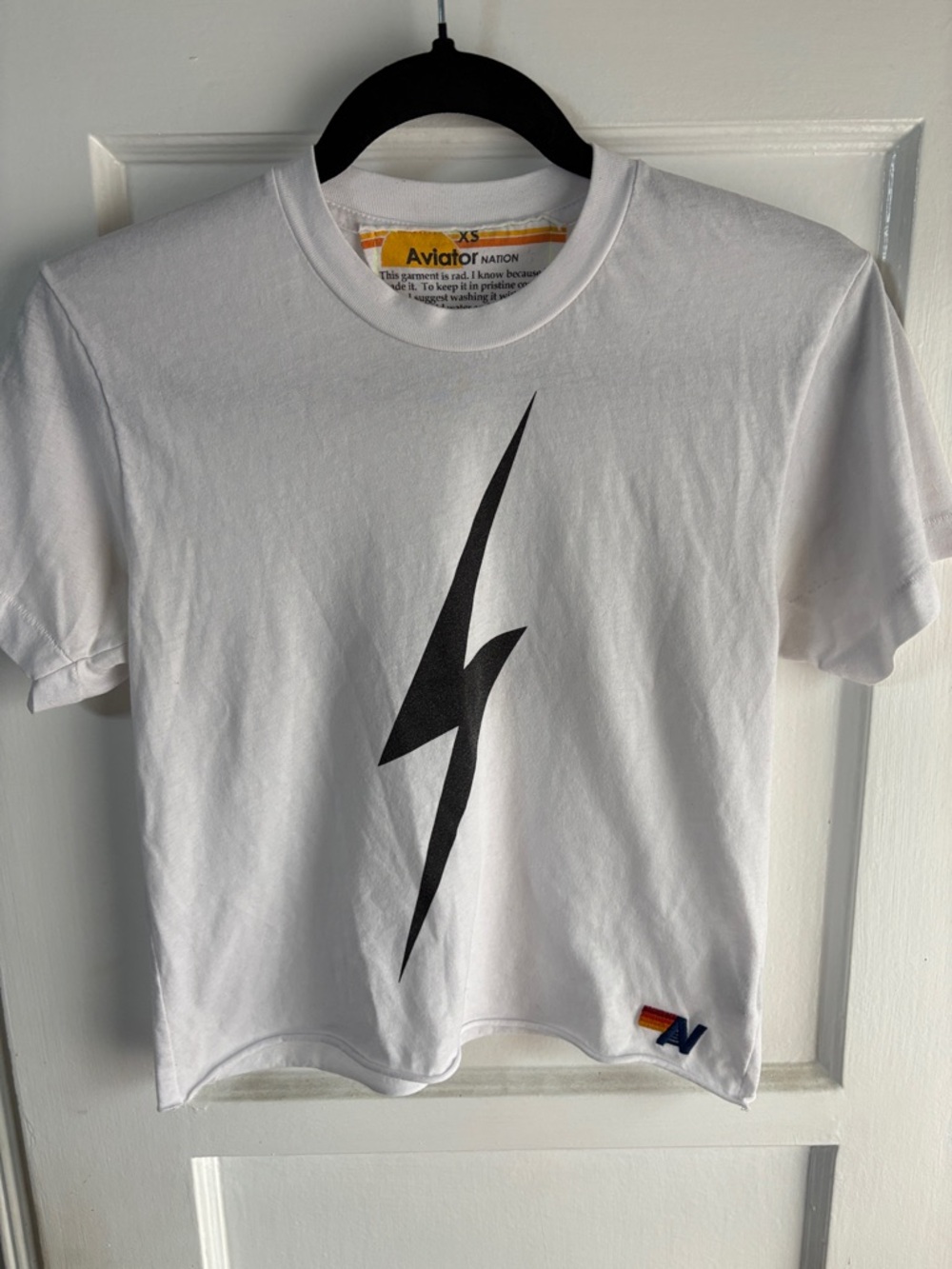 Aviator Nation White Tee with Black Lightning Bolt Graphic